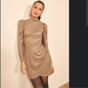 Reformation Lexi Dress in Gold Shimmer XS Long Sleeve Dress Festive
